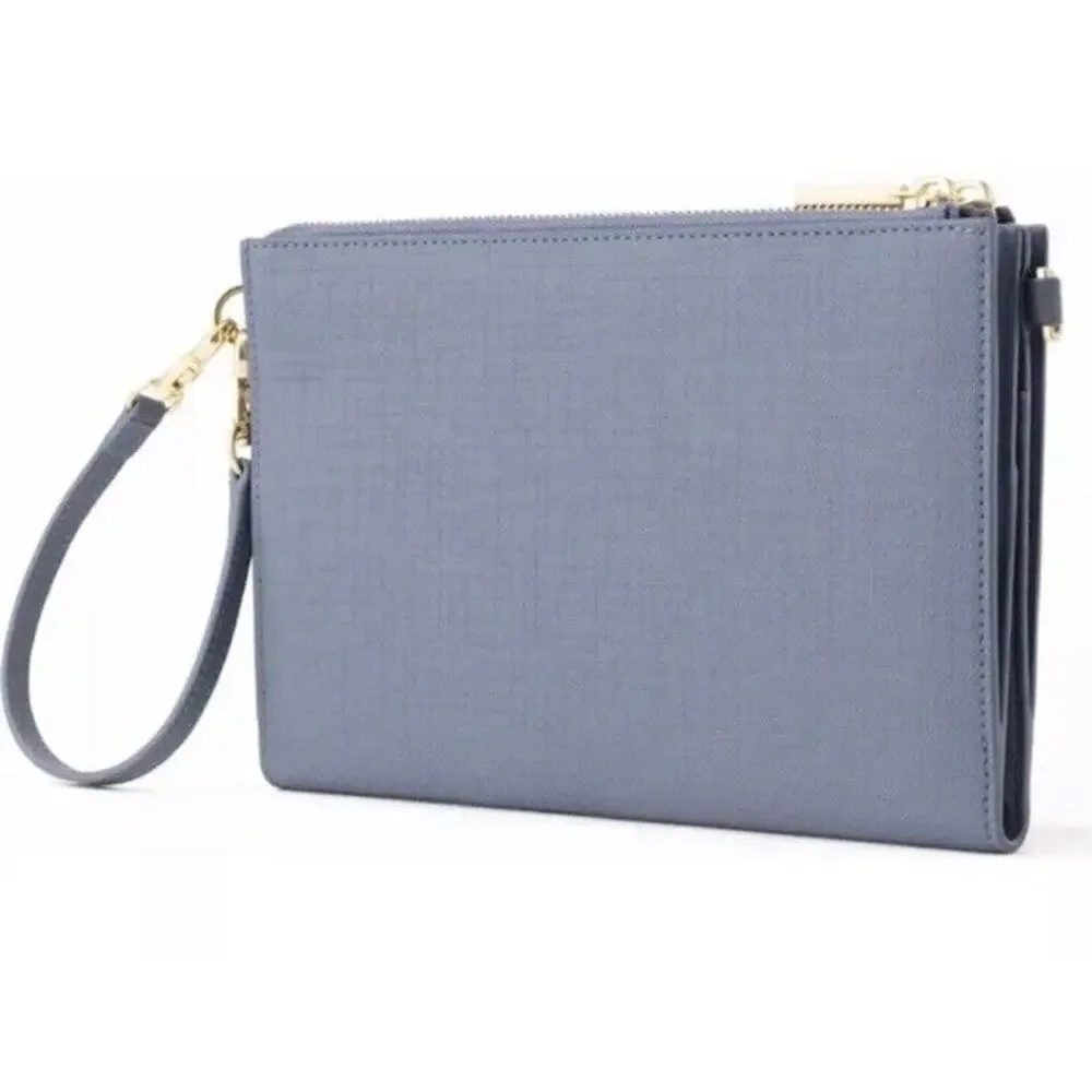 Dagne Dover Double Zip Crossbody in Dusty Blue with Gold Hardware